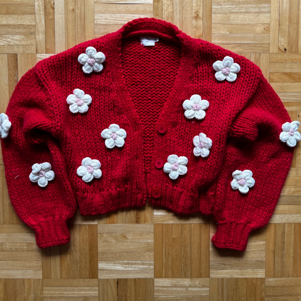 Red Floral Knit Cardigan